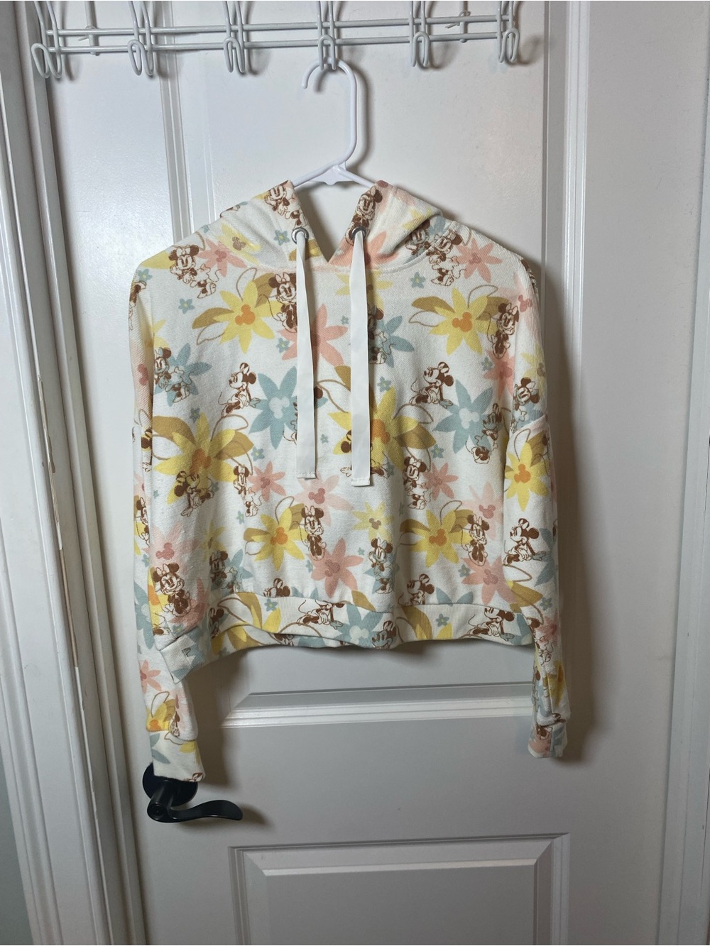 Disney Cream Cropped Hoodie with Yellow, Pink, Blue Floral and Minnie MousePrint